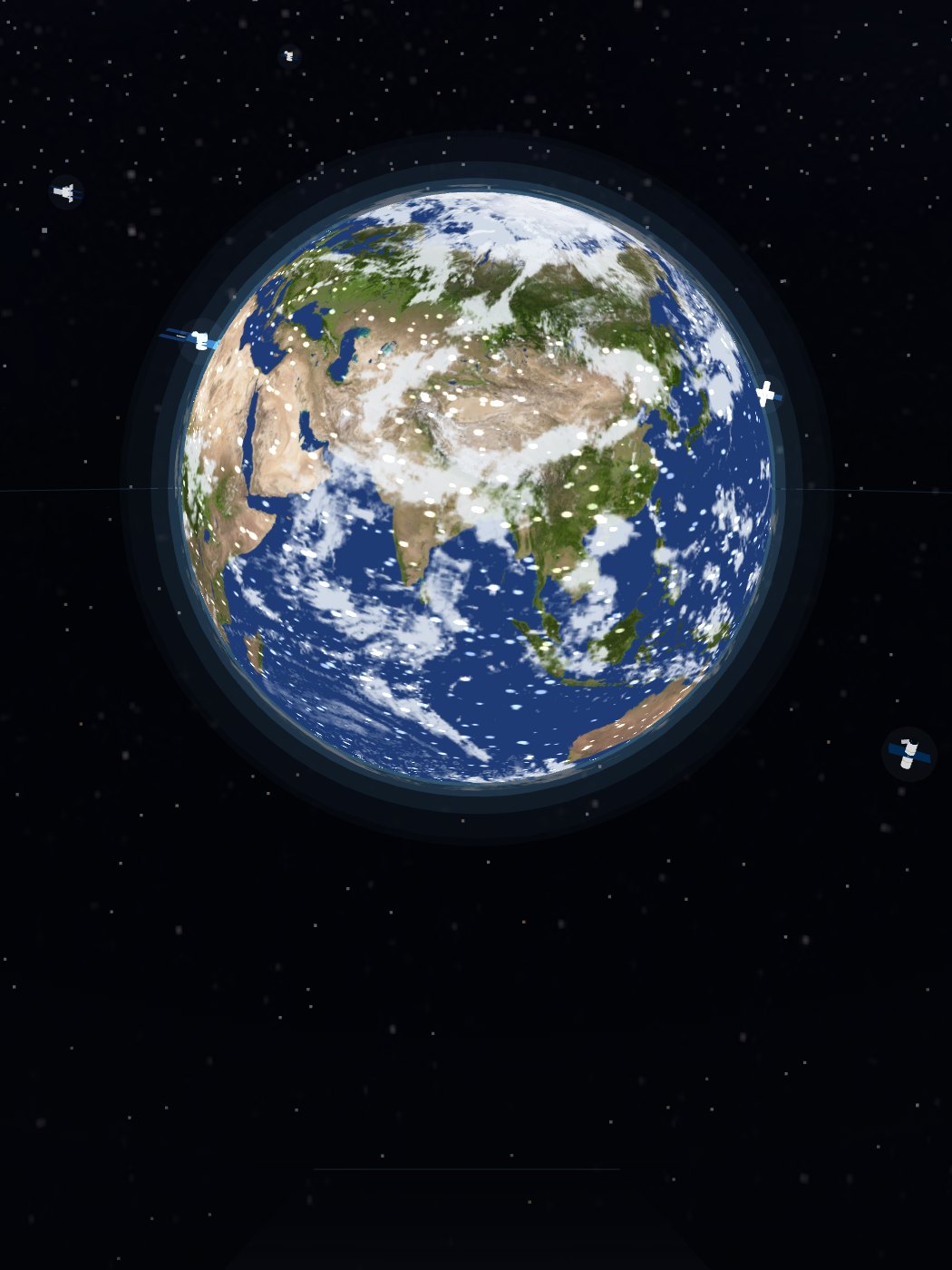 A frame from Vesper: the Earth from orbit, with satellites, in a field of stars.